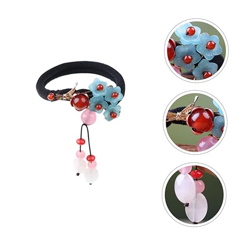 Miniatura 4 de LALAFINA 2 piezas de lazos retro jade para niños, soporte de ágata Scrunchy Vintage Cuerdas Titulares pelo Hanfu borla Niñas Cosplay banda elástica