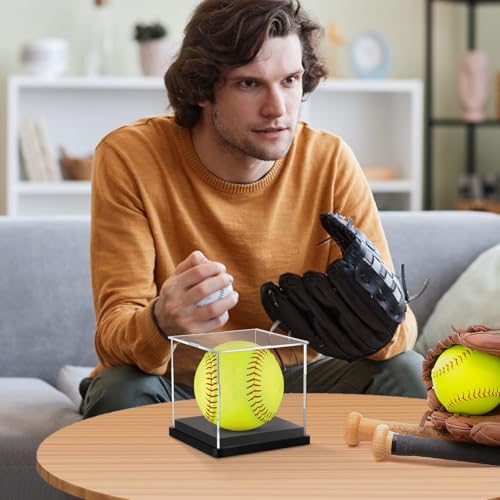 Image of Hooqict Softball Display Case Clear Acrylic Ball Holder UV Protected Softball Case Display Box Championship Square Box for Golf Tennis Game Ball Baseball