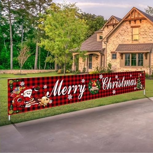 Christmas Banner Outdoor 117” x 19” Large Merry Christmas Banners Decorations for Garden Yard Fence Wall Red Plaid Fabric Xmas Banner Porch Sign with Santa Reindeer Festive Holiday Party Decor - Image 3