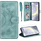 ivencase Lederhülle für Samsung Galaxy S24 5G Hülle und Schutzfolie, Premium Klappbar Handyhülle Flip Wallet, [Kartenfach] [PU Leder] [Ständer] Schutzhülle Kompatibel mit Samsung S24 5G, Grün