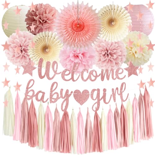 Baby Shower Decorations Girl Pink Baby Shower Party Decor Welcome Baby Girl Banner Dusty Pink Cream Paper Pom Poms Fans Lanterns Paper Tassel Garland for Baby Girls