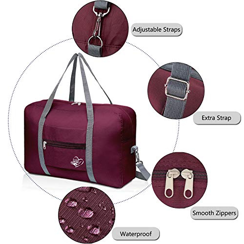 FUNFEL Foldable Travel Duffel Bag Tote Carry on Luggage Sports Water Resistant Nylon (Ⅲ-Wine Red)