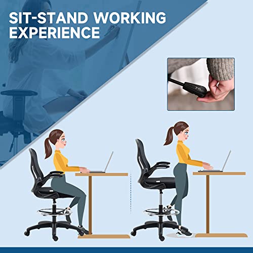 Image of Vinsetto Standing Desk Chair, Ergonomic Drafting Chair with Flip-up Armrests, Tall Mesh Office Chair with Lumbar Support, Adjustable Footrest Ring and Seat Height, Black