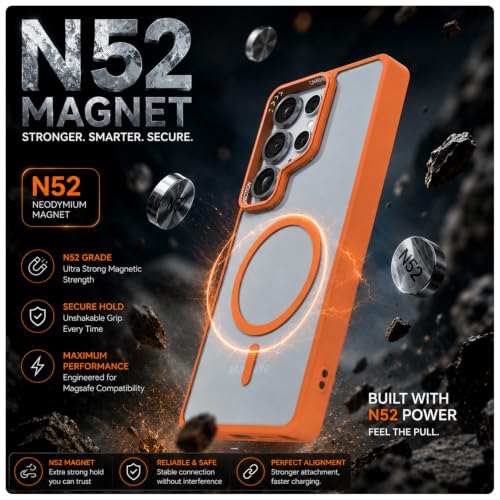 Image of Pikkme Back Cover for Samsung Galaxy S25 Ultra 5G | Shockproof | Mag-Safe Compatible | Hard Transparent Back | Premium Raised Camera Protection | Bumper Case (Orange Mag-Safe)