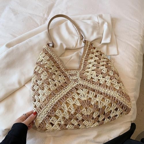 Image of Straw Hobo Bags for Women Vintage Straw Tote Bag Summer Beach Shoulder Bag Designer Beach Bag Summer Handbag (Khaki-adjustable Strap)
