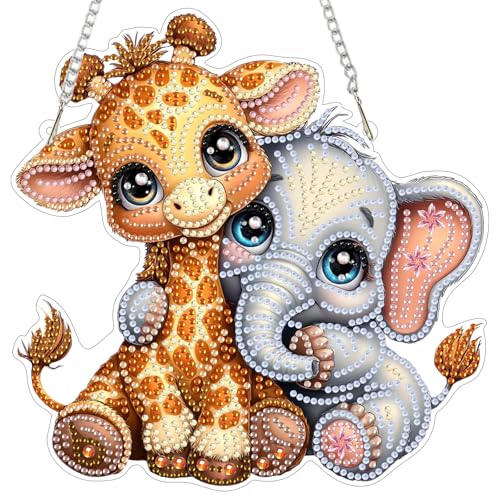 Image of MXJSUA Diamond Art Hanging Kits for Adults Beginners, Giraffe and Elephant Acrylic Special Shaped Crystal Diamond Gem Art Pendant Drills Painting Ornament for Home Wall Decor and Gift