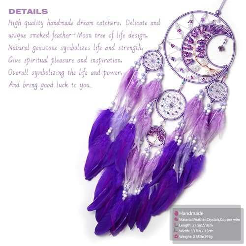 Large Dream Catchers, Handmade Woven Moon Healing Crystal Stone Dream Catcher Wall Hanging Ornament for Bedroom Living Room Wedding Party Decor, Festival Blessing Craft Gift (Purple Moon) - Image 5