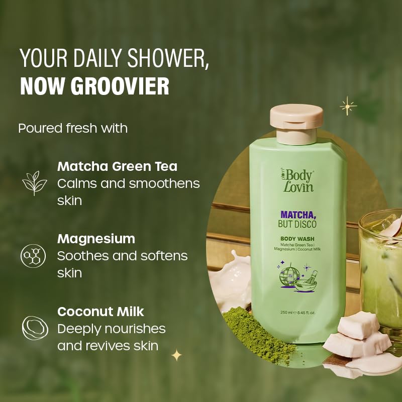 Image of Plum BodyLovin' Matcha, But Disco Body Wash | Calming & Smoothening Shower Gel | Match Green Tea, Magnesium & Coconut Milk | Lactonic Matcha Fragrance | 250 ml