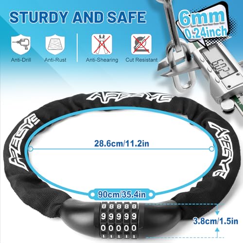 Image of APECYC Bike Lock, 3 /4 /5 /6FT Heavy Duty Anti Theft 5-Digit Combo Chain Lock | Resettable Combination Bicycle Lock, Keyless and Long Security Chain Lock for E-bike, Scooter, Bike Rack, Commuting & Outdoor