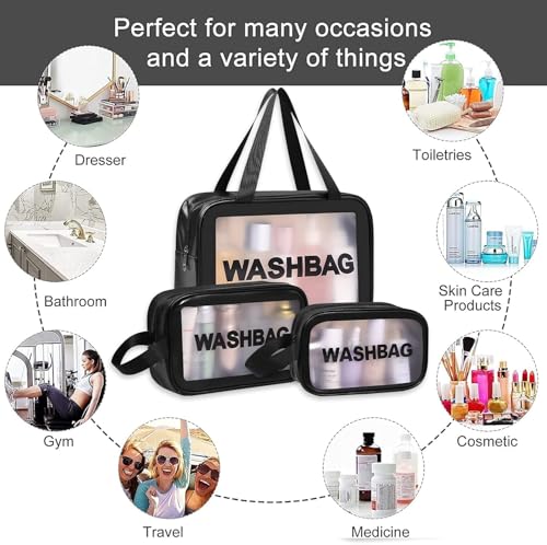 Image of KUKLAR Wash Bag Pouch for Travel Kit Toiletry Bag Nylon Cosmetic Bag Make Up Box for Brushes, Accessories with Handle, Large Capacity Translucent Waterproof Travel Storage OrganizerSet of 3 (Black)