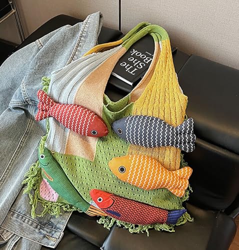 Women's Boho Fish Silhouette Knit Shoulder Bag Fringe Detail Underarm Purse Fashion Shoulder Purse3