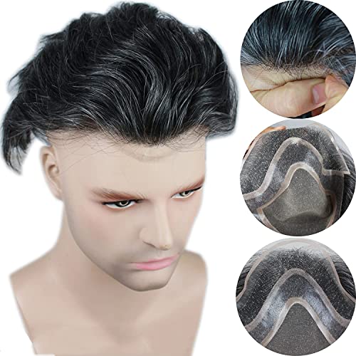 Voloria European Virgin Human Hair Toupee For Men With 10X8 Soft French Lace Cap And Clearly Pu Around Slight Wave Men's Hairpiece Replacement System Natural Color Mixed 20% Grey Hair #TOP2