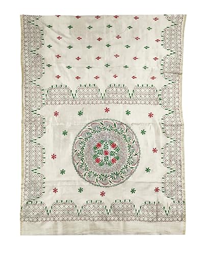 Image of SHRISTI CLOTHINGS Women's Hand Embroidered Cotton Silk Kantha Stitch Saree with Blouse Piece (J420724 OFFWHITED88)