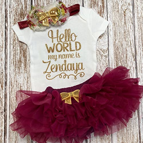 Take Home Outfit Baby Girl Outfit Personalized Name Hello World My Name Is Optional Tutu Bloomers Headband (Burgundy + Gold) #TOP2