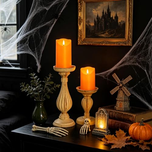Image of Eebuss Flameless Candles with Remote Timer, Battery Operated Realistic Flickering LED Candles, 9 Packs Fake Candles for Home Decor (D3 x H 3 inch 4 inch 5 inch 6 inch 7 inch) Orange