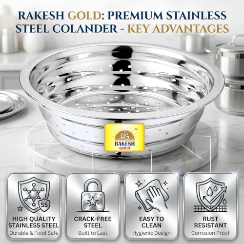 Image of Rakesh Gold Stainless Steel Colander & Strainer for Kitchen Use - Multi-Use Channi /Steel Chalni with Holes for Washing Rice, Fruits, Vegetables & Wheat (Regular Size) (Small Size, Colander)