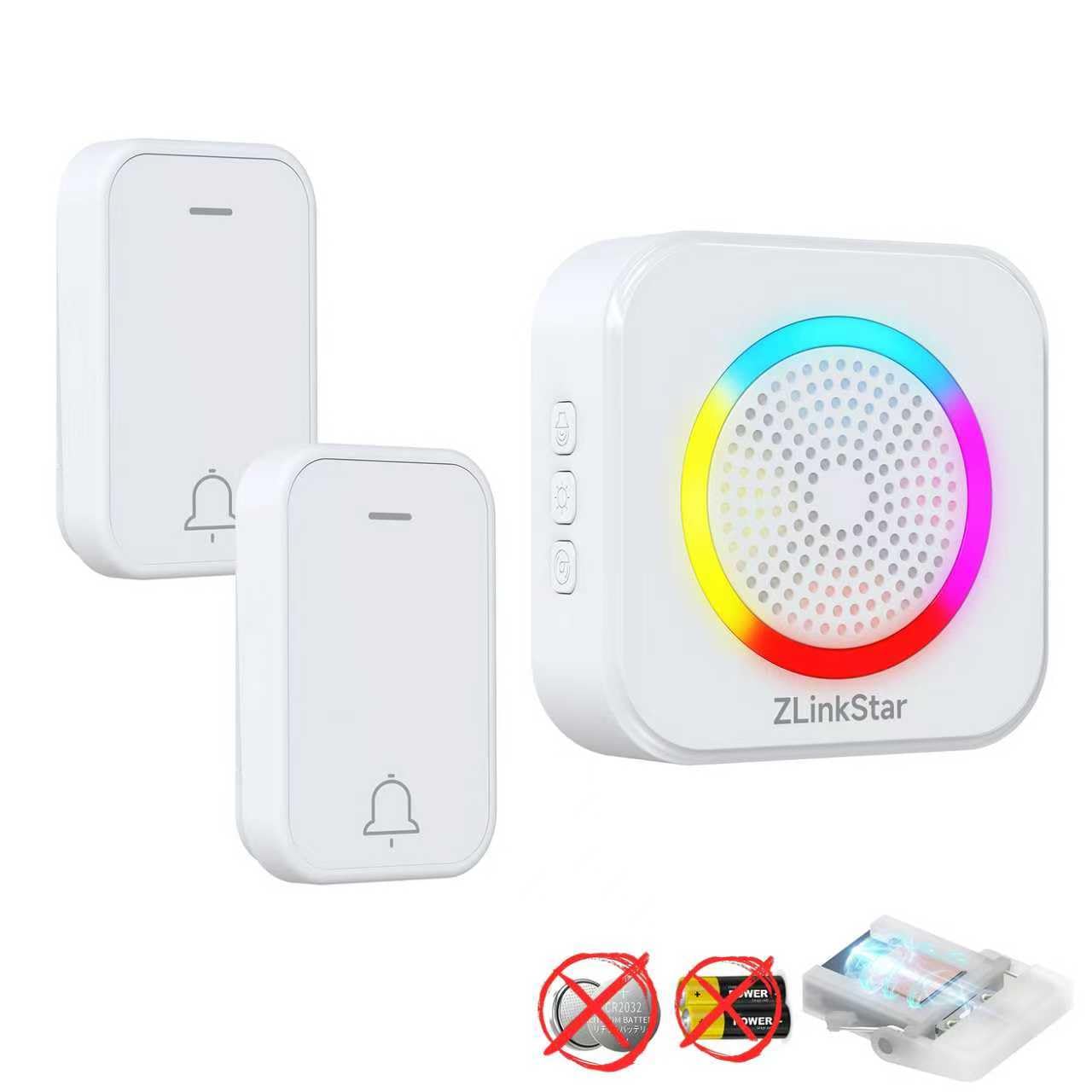 ZLinkStar Doorbell Wireless No Battery Needed,Self-Powered Wireless Door Bells Range 600ft,63 Chimes,4 Volume Levels with RGB Lighting,Waterproof Doorbell for Home/Classroom/Office(White013-2-1)