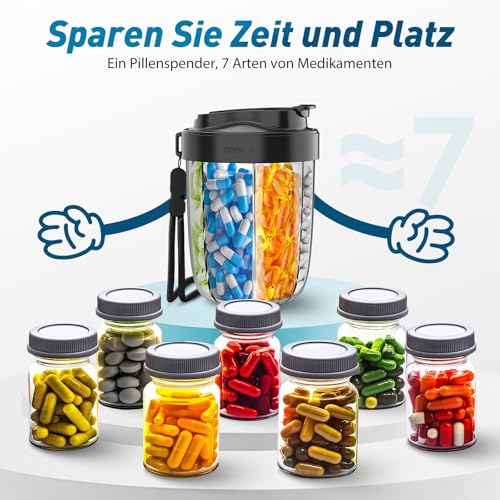 Tablettenbox 7 Tage Morgens Mittags Abends | Rund mit 7 Großen Fächern & Anti-Verwechslungs-Design | Breite Öffnung, BPA-frei & Tragbar | Für Medikamente, Vitamine, Fischöl usw (Schwarz)