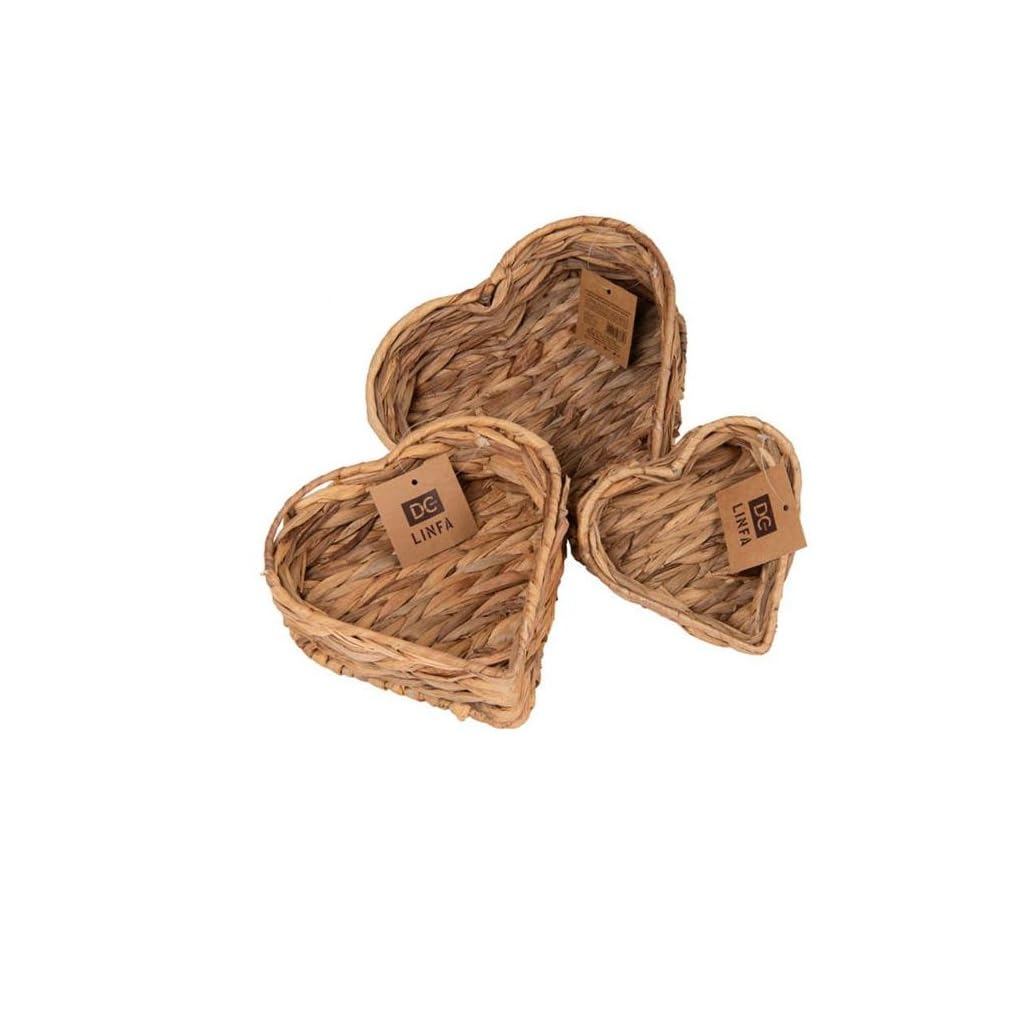 Set 3 Cesti Intrecciati Cuore – Ceste Portaoggetti in Fibra Naturale con Manici – Organizer Decorativi Multiuso per Casa, Bagno e Cameretta (16, 20,5, 25 cm)