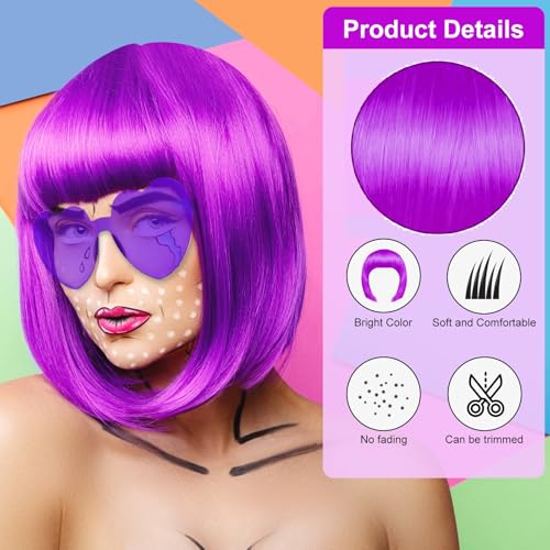 Image of PLULON Purple Bob Wig and Sunglass Set, Neon Funny Short Bob Wig Sunglass Pack Colorful Hairpieces Fancy Dress Cosplay Costume Accessories for Women Bachelorette Party Favors, Halloween Decorations