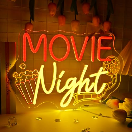 Image of Britrio Movie Night Neon Sign for Home Theater Man Cave Business Wall Light | LED Movie Time Neon Light Cinema Room Game Room Decor Film Lover Gift Party Backdrop Wall Art 5V USB with Dimmer 15.75 inch