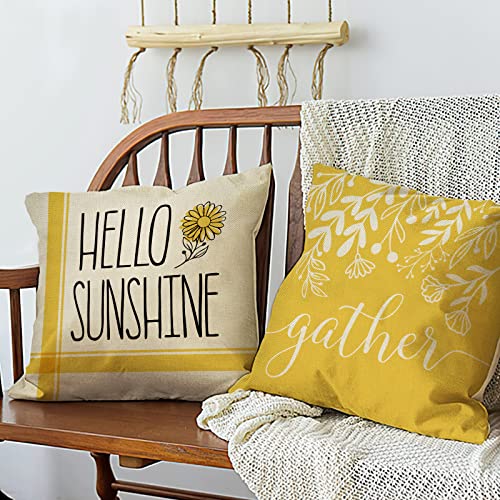 Fahrendom Hello Sunshine Decorative Throw Pillow Cover 18 X 18 Set Of 4, Spring Summer Yellow Daisy Floral Flower Porch Patio Outdoor Pillowcase, Just Bloom Gather Sofa Couch Cushion Case Home Decor #TOP4