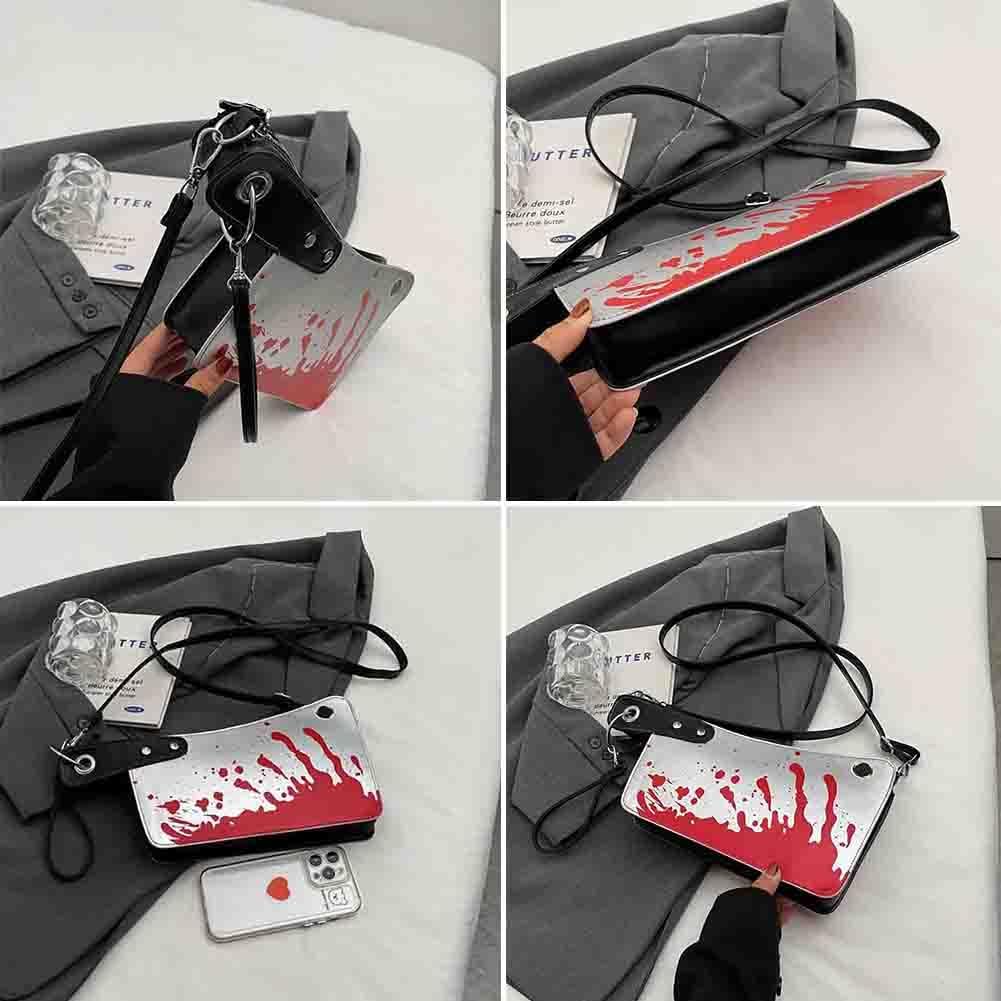 PU Leather Creative Prank Knife Shoulder Bag, Japanese Cartoon Gothic Horror Crossbody Bag, Bloody Axe Chopper Clutch Purse