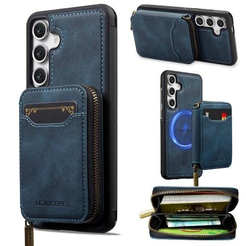 Étui Samsung Galaxy S22 magnétique bleu foncé avec portefeuille zip et protection arrière cuir
