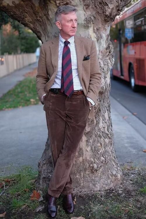 Men's Brown Corduroy Pants, Straight Leg, Warm, Winter, Casual, Flat Front, High Rise, Regular Fit, Slim, US 184