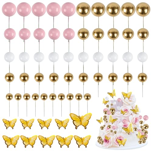 Elalove 50 Boules et 10 Papillons Décoratifs pour Gâteau Rose Doré et Blanc Nacré Décoration Anniversaire Fille Mariage Topper pour Gâteau D'anniversaire