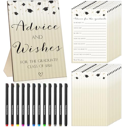 GlikCeil 113 Pcs Class of 2026 Graduation Party Favors Include 1 Advice and Wishes Wooden Sign 100 Graduation Advice Cards with 12 Fineliner Ink Pens for The Graduate Class of 2026(Classic Color)