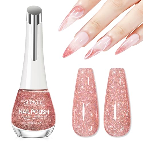 SUPWEE Nude Pink Glitter Nail Polish, 16ml Quick Dry Shiny Shimmer Holographic Nails Polish Air Fast Drying Iridescent Nail Varnish Oil-based Nails Lacquer Manicure DIY Home Salon for Women Girls