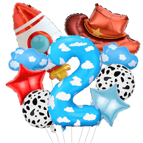 Toy Themed Decorations 9pcs Cow Print Sky Blue Cloud Balloons with Rocket Balloon and Cowboy Hat Balloon for Kids Inspired Story 2nd Birthday Party Decorations (2nd)