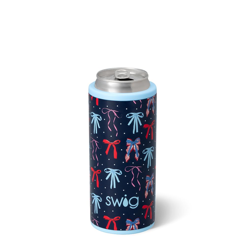 Swig Life Skinny Can Cooler, 12oz Insulated Slim Can Holder, Stainless Steel Cans Cooler, Covers for Tall Beer Bottles, Beach Accessories for Women (Miss Independence)
