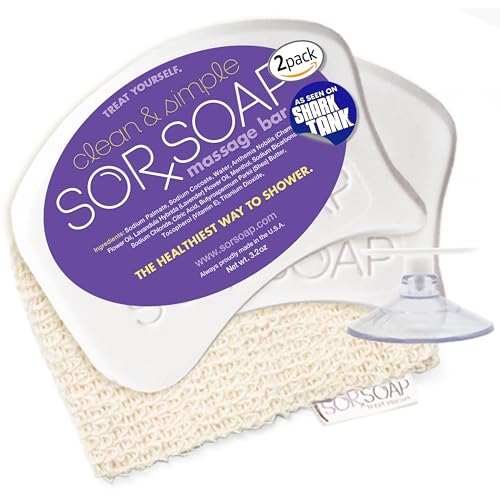 SORSOAP Starter Pack - Patented Muscle Scraping Soap Bar with Lavender, Menthol, & Chamomile | Muscle Recovery & Soothing Deep Clean | Vegan & All Natural Formula | Holder & Exfoliating Bag Included
