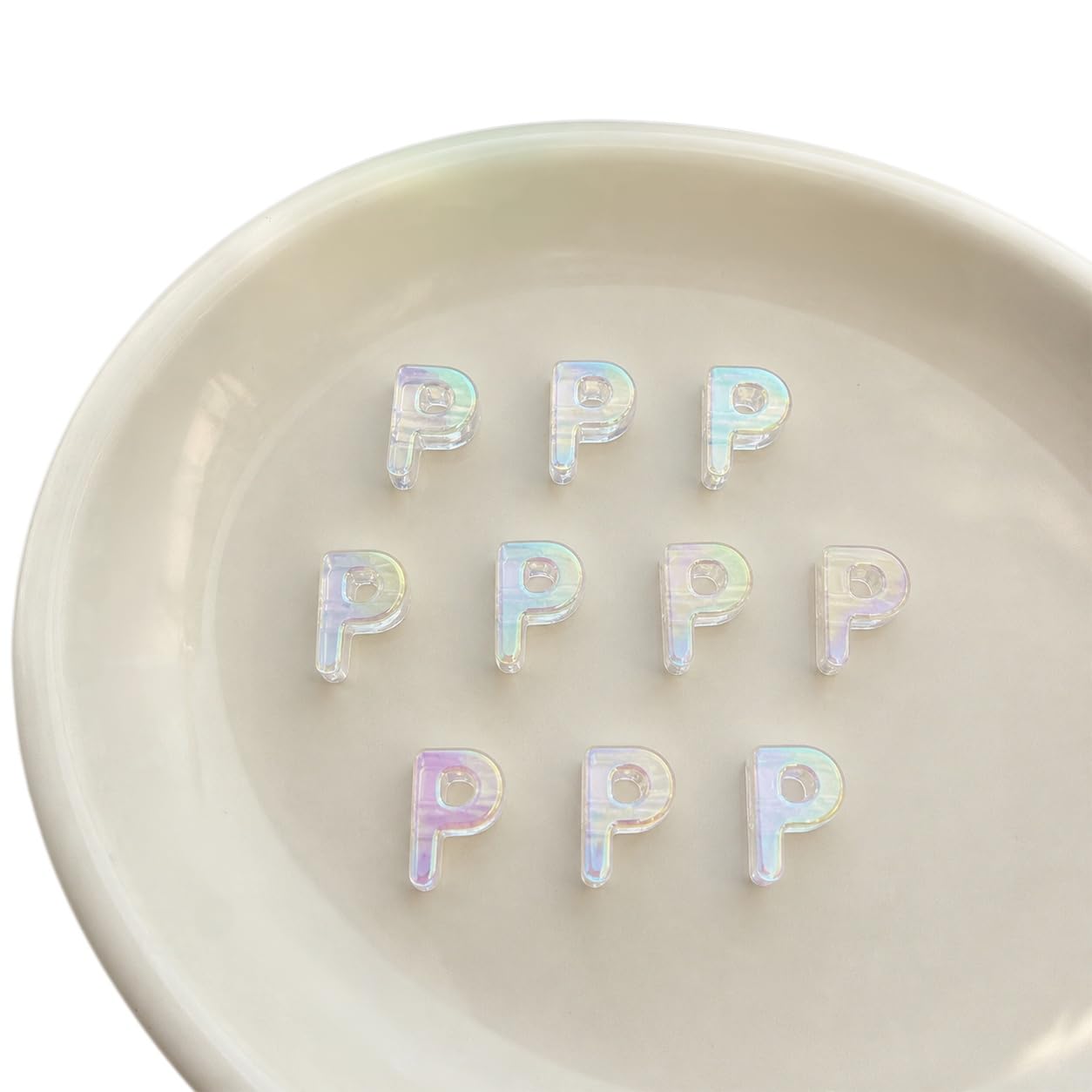 Letter Beads 10pcs, Large Acrylic Alphabet Beads with 6mm Hole, Iridescent Holographic UV Plated for Bracelet Making, Jewellery, Keyrings & Craft (Iridescent Aurora White, Letter P)