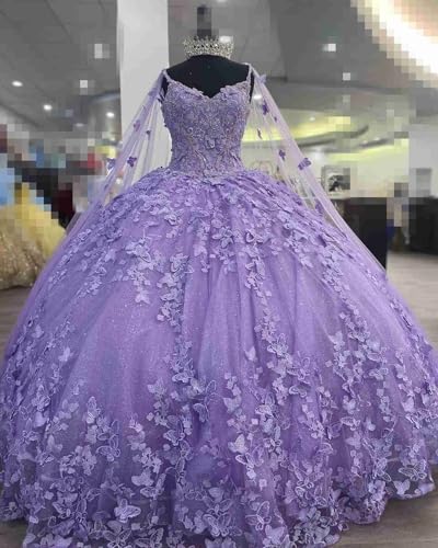 Ball Gown Quinceanera Dresses Purple with Butterlies Cape Lace Prom Formal Dress Puffy Glitter Tulle3