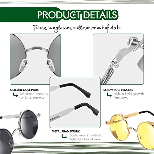 Xuhal 12 Pairs Steampunk Sunglasses Round Sunglasses Retro Hippie Glasses Vintage Gothic Circle Glasses for Women Men (Retro Colors)3