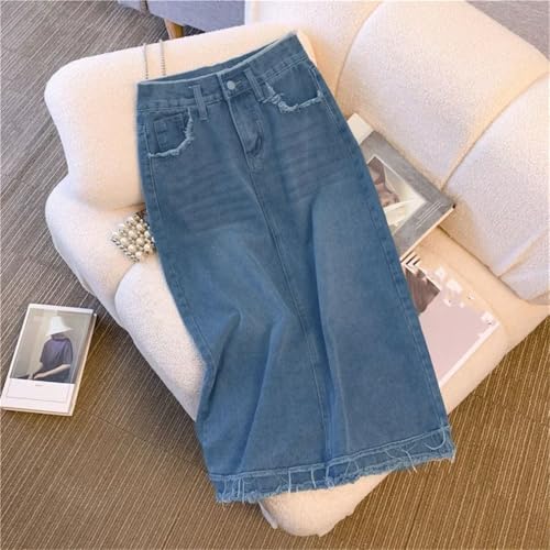Vintage Fringe High Waisted Denim Skirt Women's Medium-Lengtha- Line Long Skirt3