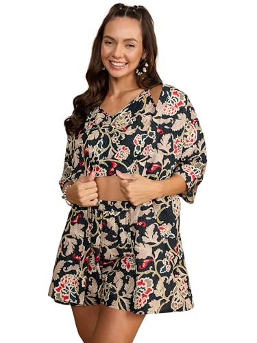 Image of WineRed Cotton Woman Beige 3Pcs Coord Set With Shorts, Floral