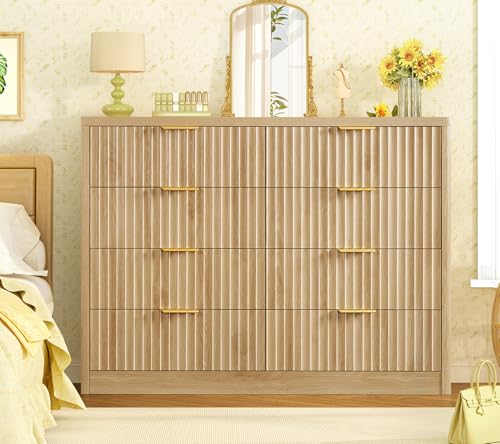 Image of TEENOFN Fluted Dresser for Bedroom with 8 Drawers, 47.2 inch Wide Modern Chest of Drawers with Metal Handle, Dresser TV Stand, Wood Closet Clothes Storage Organizer for Living Room, Hallway, Natural