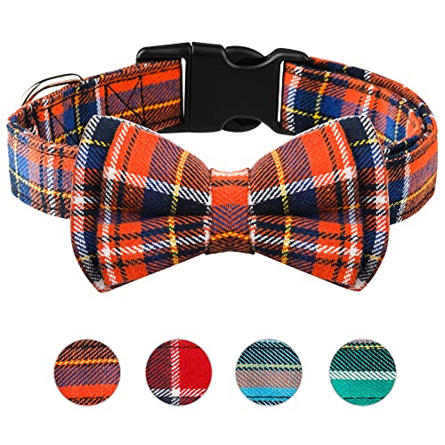 Dog Bow Tie, HAOPINSH Plaid Bow Tie Dog Collar Unique Lock Buckle Soft Comfortable, Adjustable Comfy Bowtie for Small Medium Large Dogs Pets Durable Cotton Best Gift Cute Bowtie Detachable Orange