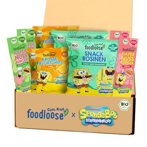 SpongeBob X foodloose COOL KIDS Snacks Probierpaket | Bio Snack Mix für Kinder mit Fruchtchips, sauren Snack-Rosinen & Hafer-Nuss-Burgern | Aus natürlichen Bio Zutaten und ohne raffinierten Zucker