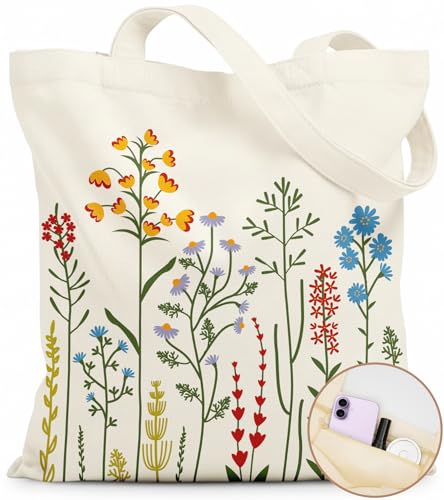 Puresora Canvas Tote Bag for Women – Aesthetic Canvas Bag with Zipper Cute Stylish Reusable Shoulder Totes for Shopping Work Daily, Wildflower