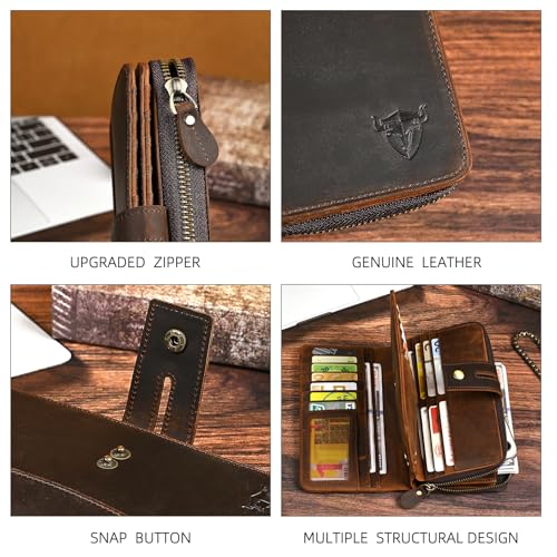Image of Genuine Crazy Horse Leather Travel Gift Coin Pocket Card Case Long Organizer Chain Rfid Wallet Purse With Snap For Men Male 1803 1815 (1814 Brown)