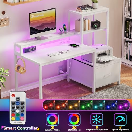 Image of GreenForest Computer Desk with Drawers and Monitor Stand, Home Office Desk with Storage Shelves, Small Gaming Desk with Power Outlets and LED Lights for Study Writing Working, 51 inch White