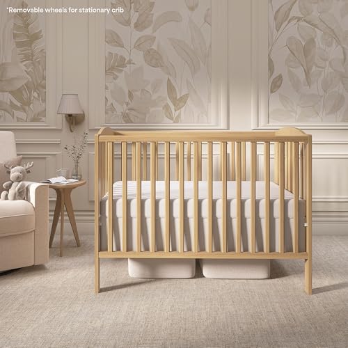 Image of Dream On Me Folding Full Size Convenience Crib In Natural, Two Adjustable Mattress Height Positions, Comes With Heavy Duty Locking Wheels, Flat Folding