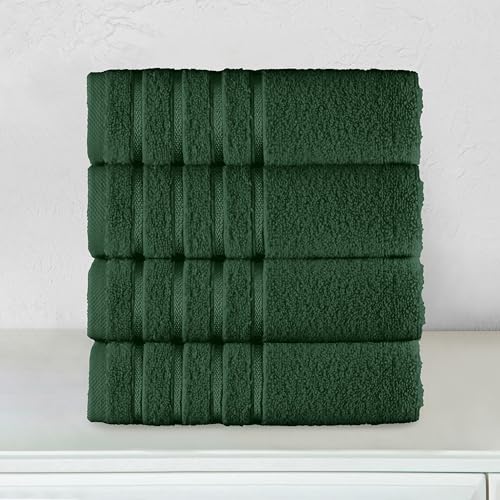 Image of Elegant Comfort 100% Turkish Cotton 4 Lines Viscose Stripe Luxury 4 Pack Hand Towel Set - Ultra Absorbent and Soft 16 x 28 Inch Premium Hotel Spa Quality Towels for Everyday Bath Use, Hunter Green