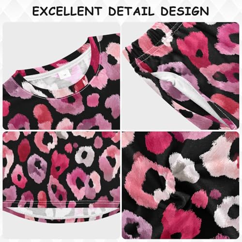 Pink Leopard Print Wildlife Soft Pajama Set for All Seasons,Breathable Pjs Long Sleeve Sleepwear,Comfy Loungewear 2 Piece Underwear Set 6T3