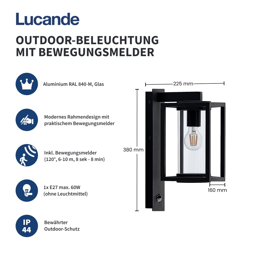 Lucande Wandlampe aussen mit Bewegungsmelder, Aussenwandleuchte spritzwassergeschützt IP44 1xE27 max. 60W ohne Leuchtmittel Außenleuchte